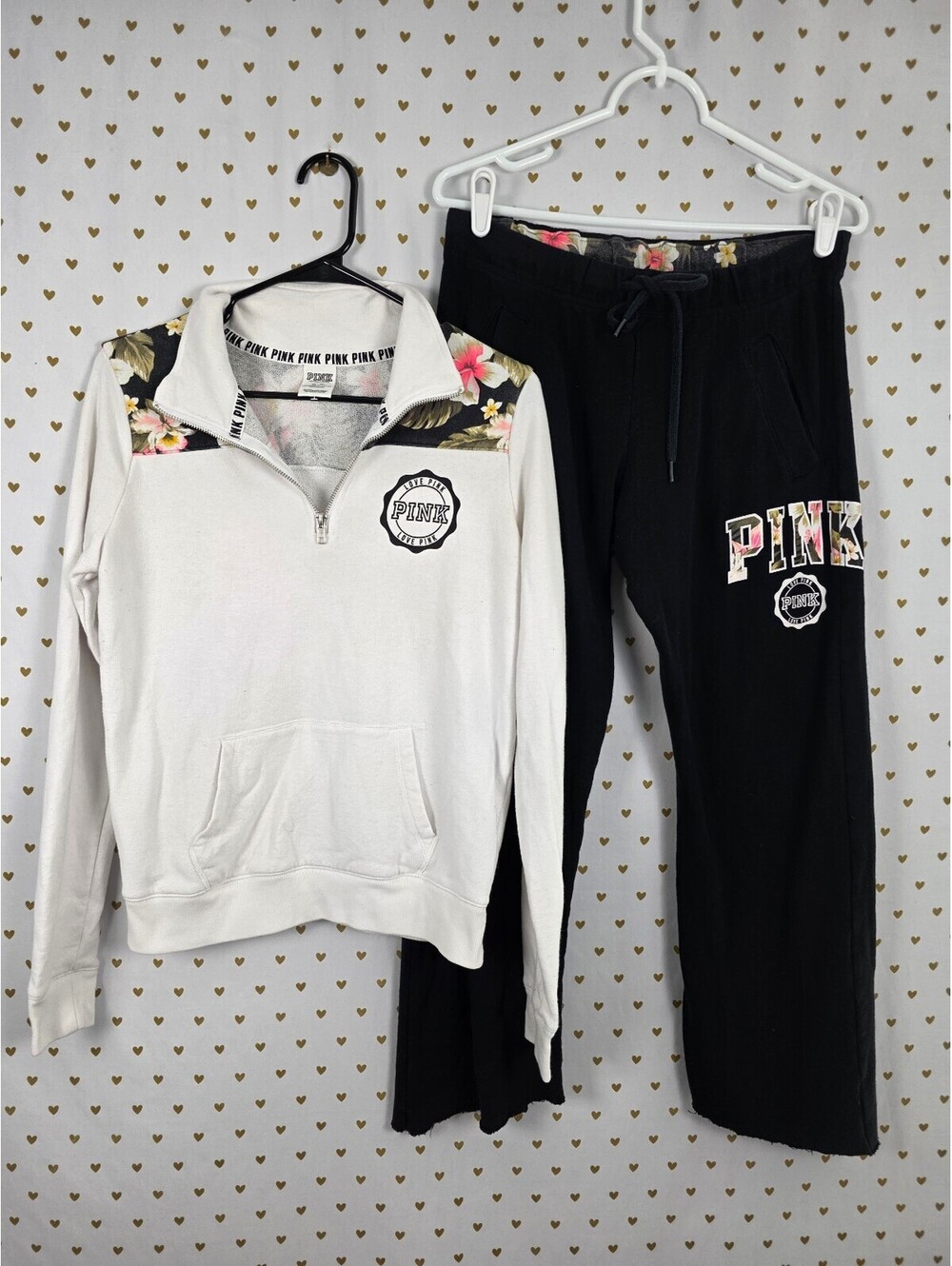 Victorias Secret PINK Vintage Boyfriend Sweats Set Quarter Zip Floral Outfit XS